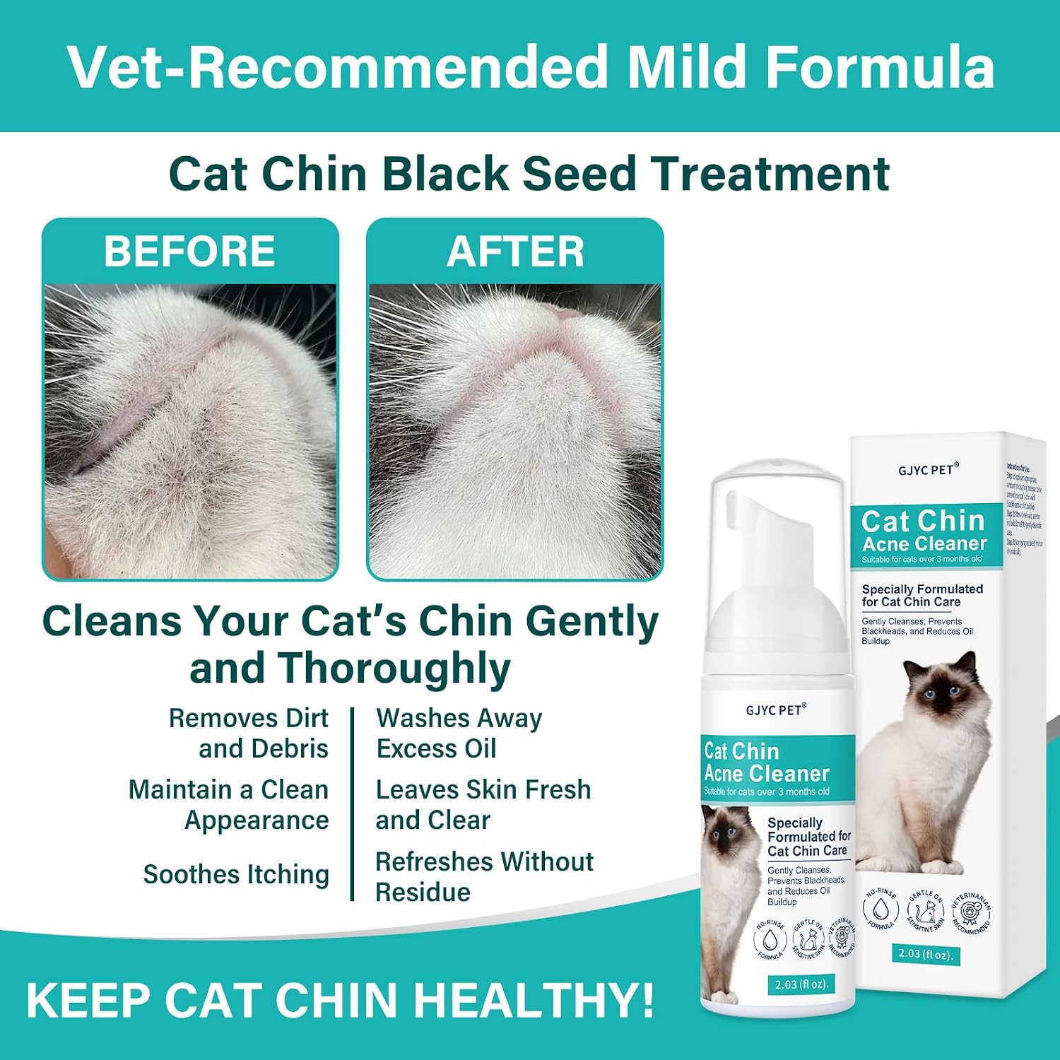 GJYC PET cat blackhead remover foam being applied to a cat chin with a soft silicone brush