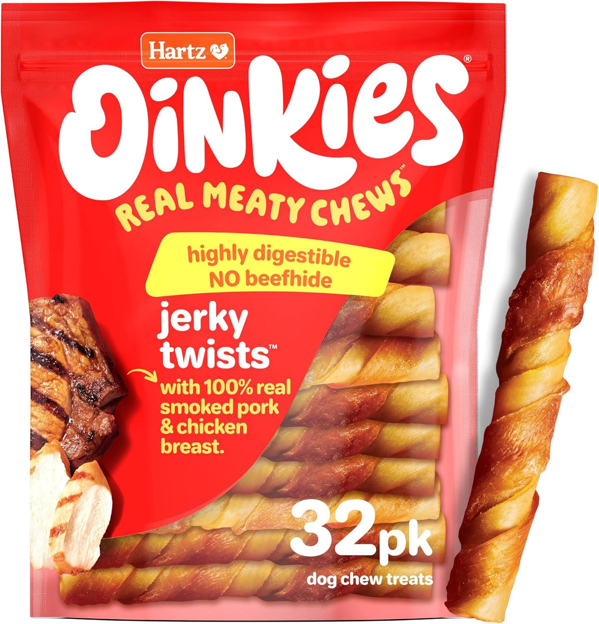 Hartz Oinkies Porkalicious Smoked Jerky Twists 32 count front view packaging