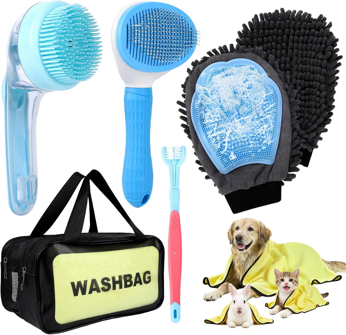 Generic dog bath grooming kit front view featuring six essential washing pieces