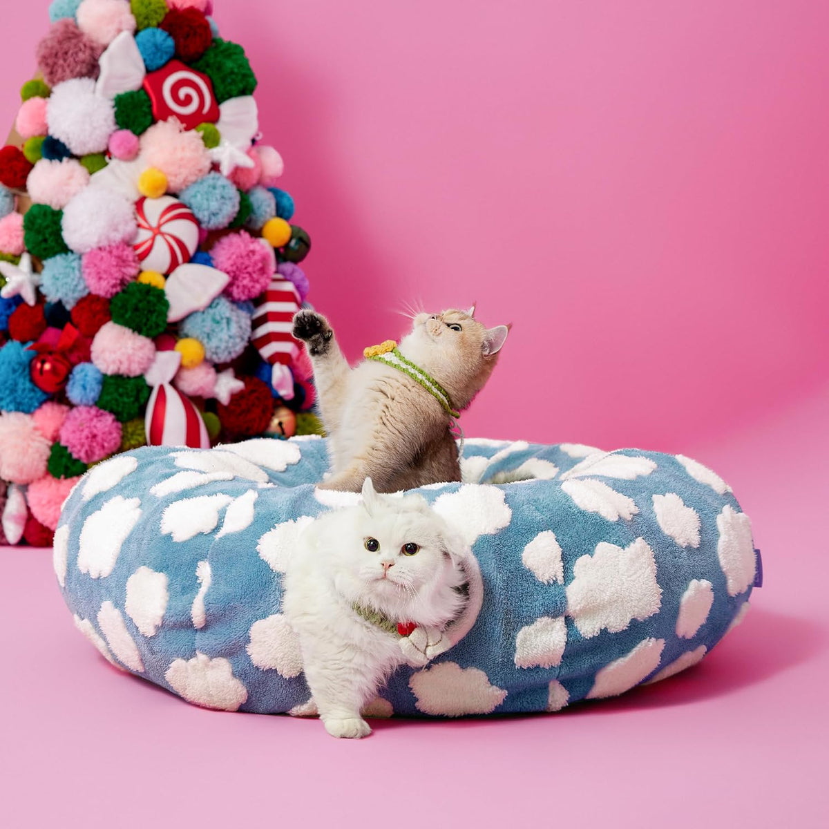 Two interactive hanging toy balls inside the pet play tunnel