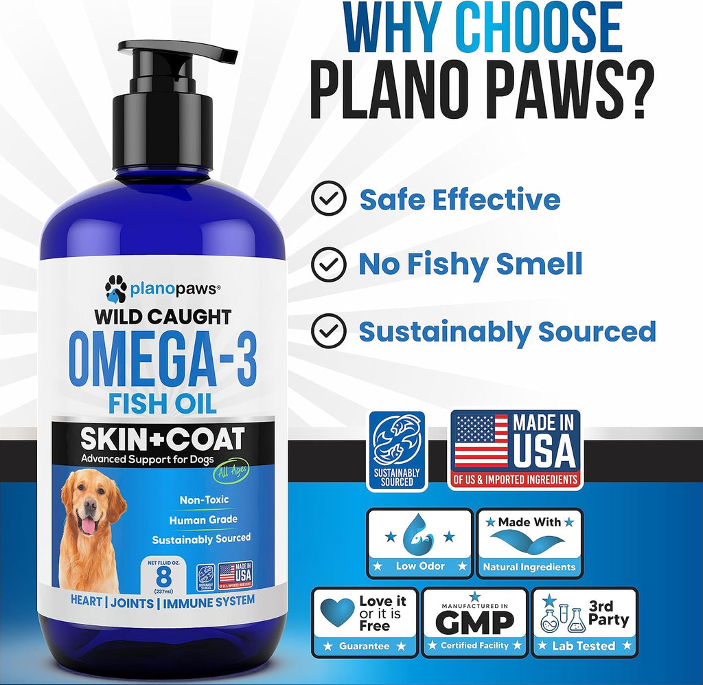 Planopaws liquid pet supplement being added to dog food bowl for joint support.