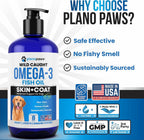 Planopaws liquid pet supplement being added to dog food bowl for joint support.