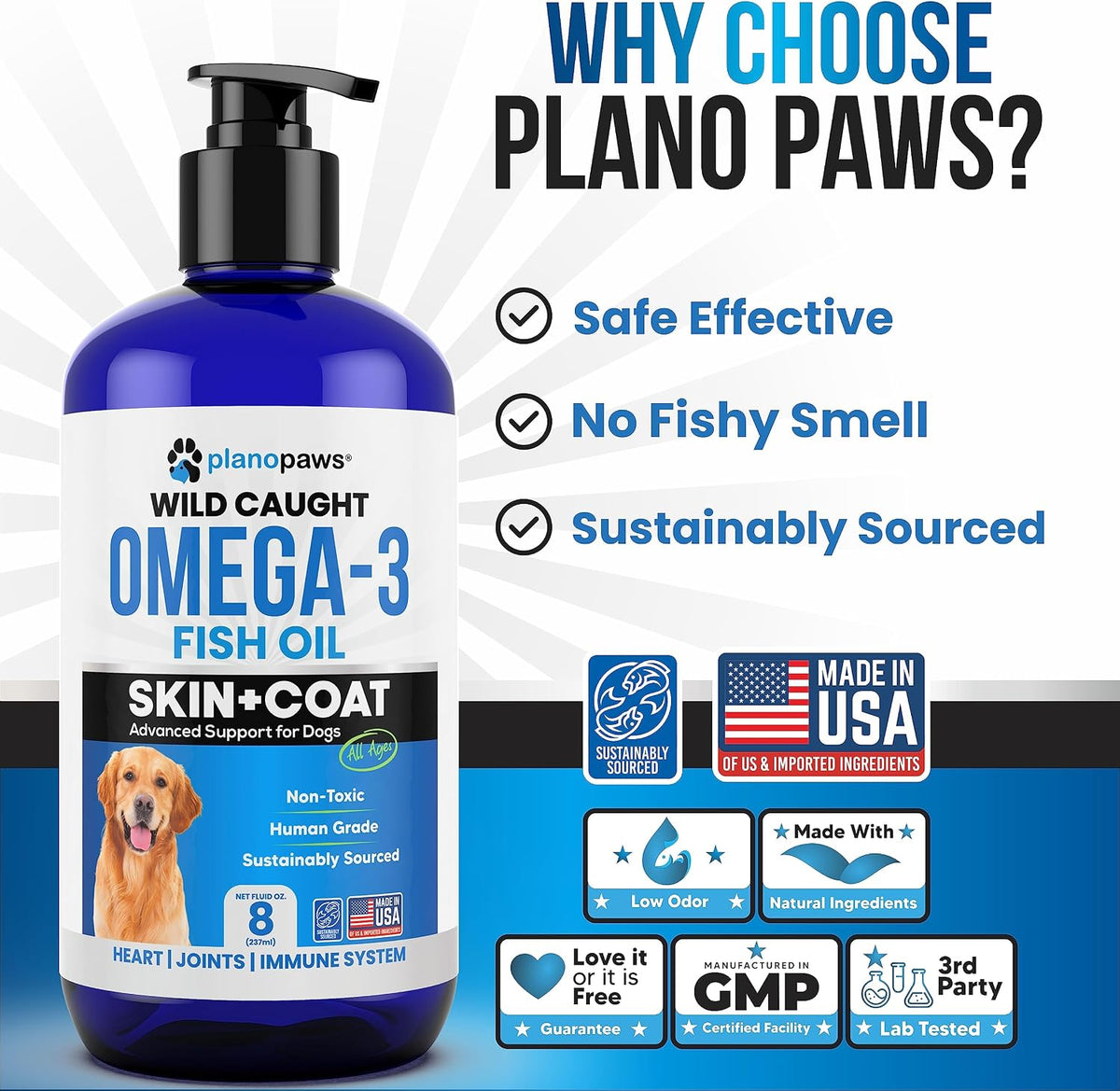 Planopaws liquid pet supplement being added to dog food bowl for joint support.