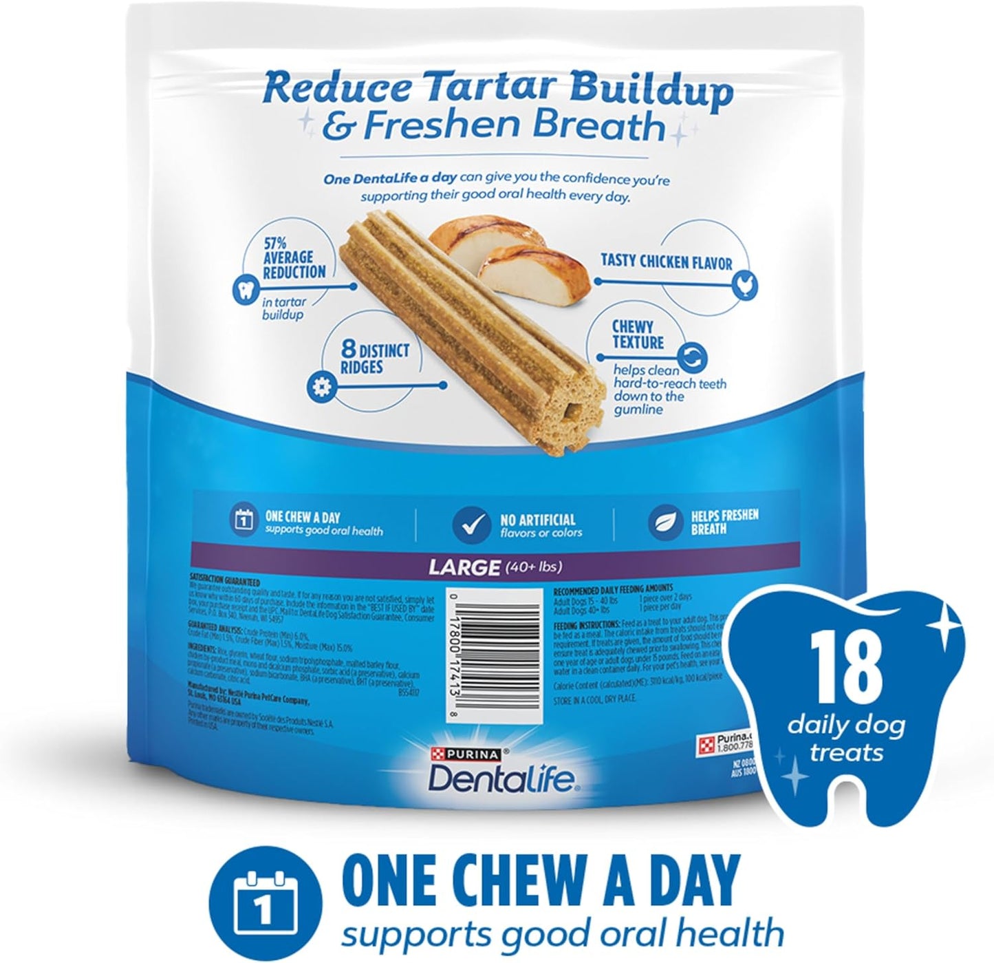 Authentic USA imported Purina DentaLife daily treats for large breed dogs showing product size.