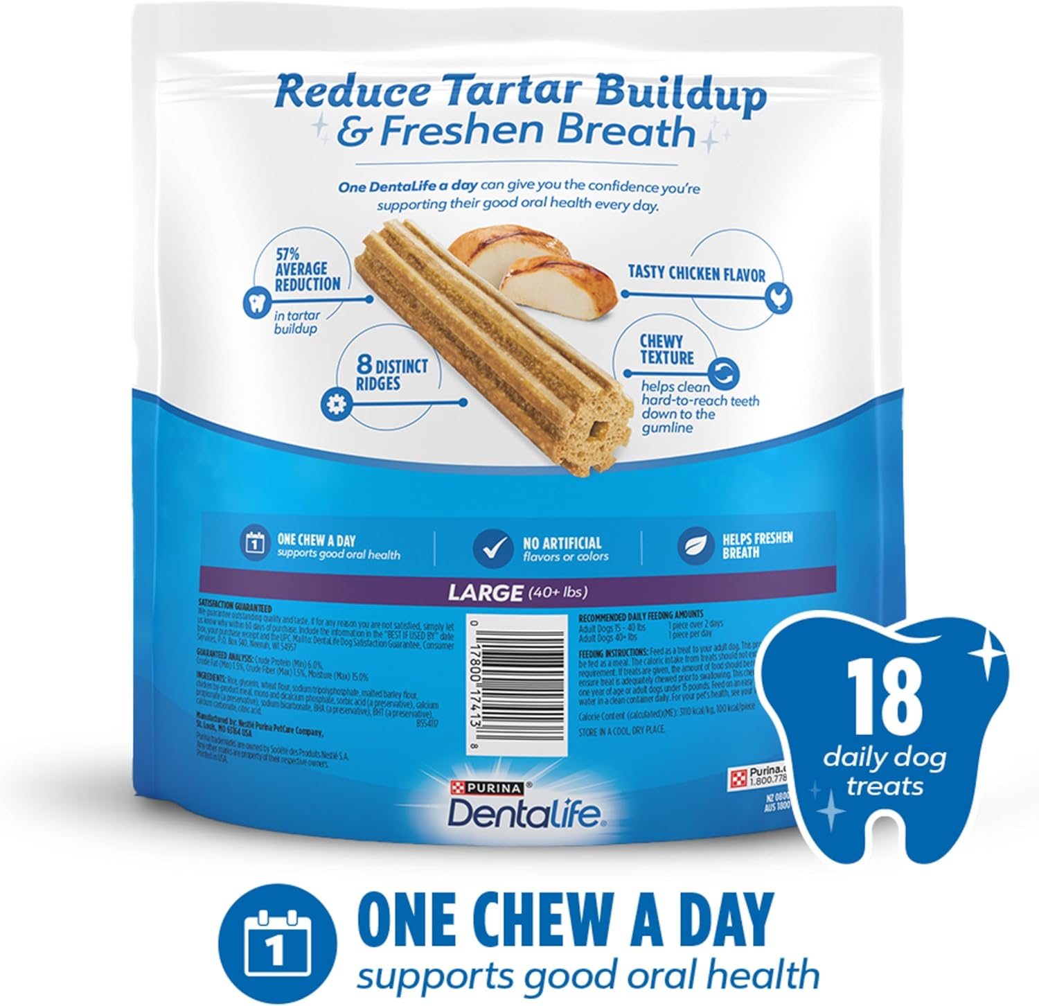 Authentic USA imported Purina DentaLife daily treats for large breed dogs showing product size.