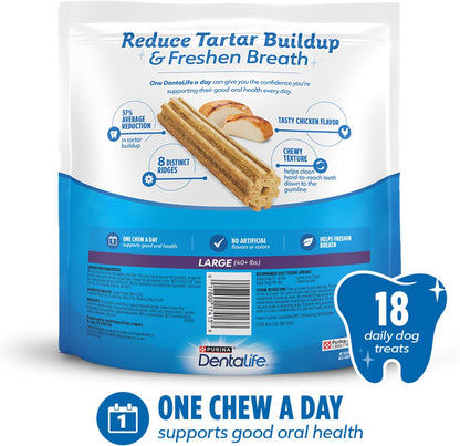 Authentic USA imported Purina DentaLife daily treats for large breed dogs showing product size.