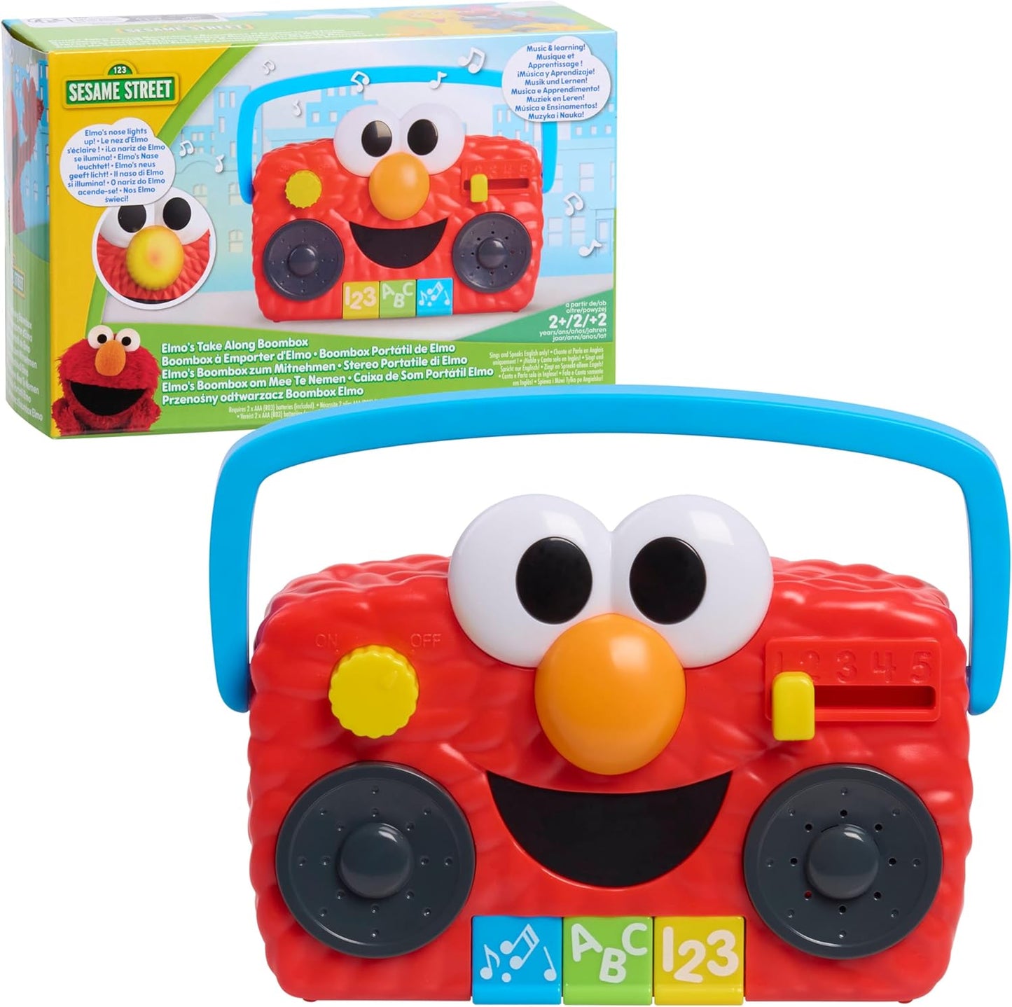 Sesame Street Elmo Take Along Boombox front view interactive toddler toy