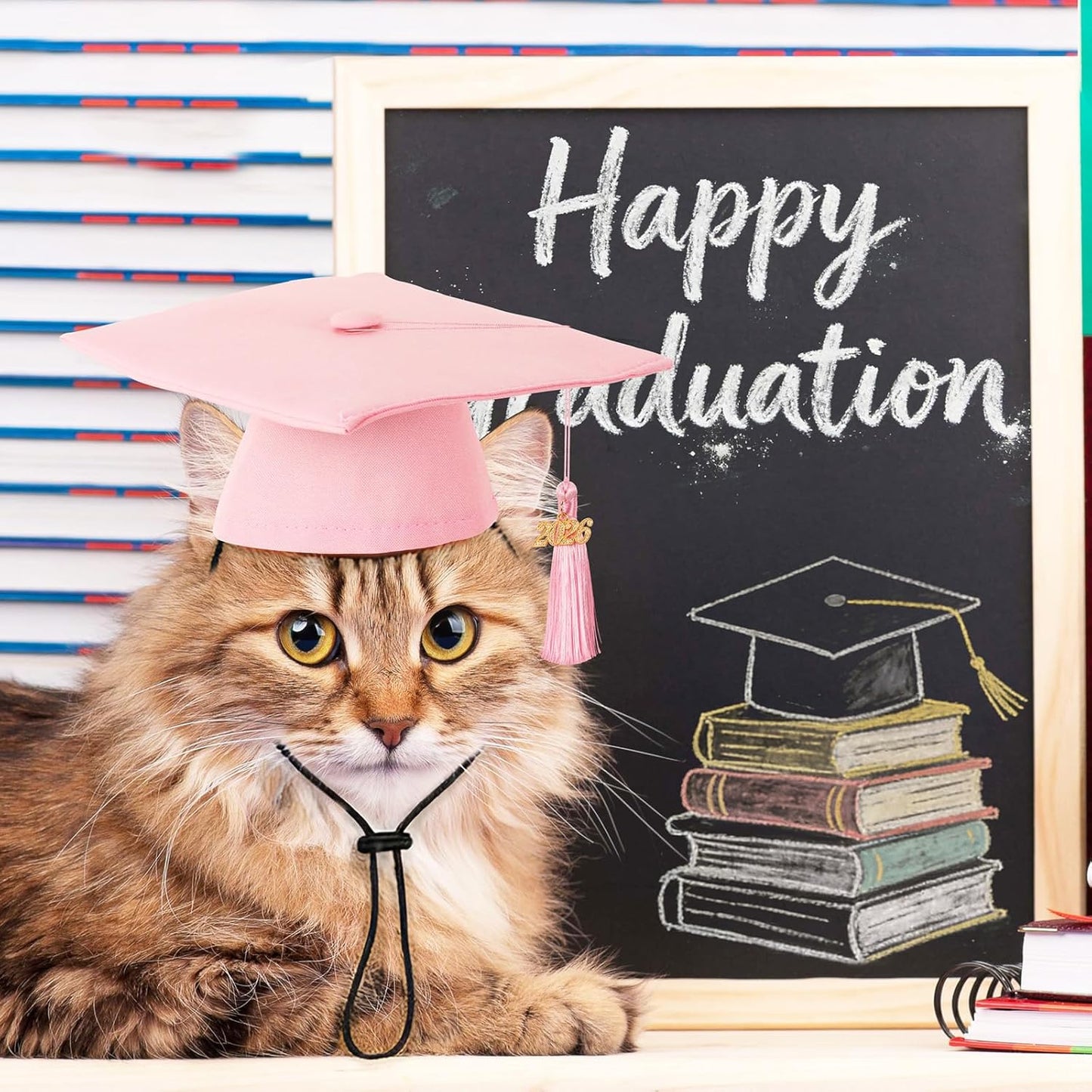 Close up of 2026 charm on pink pet graduation hat