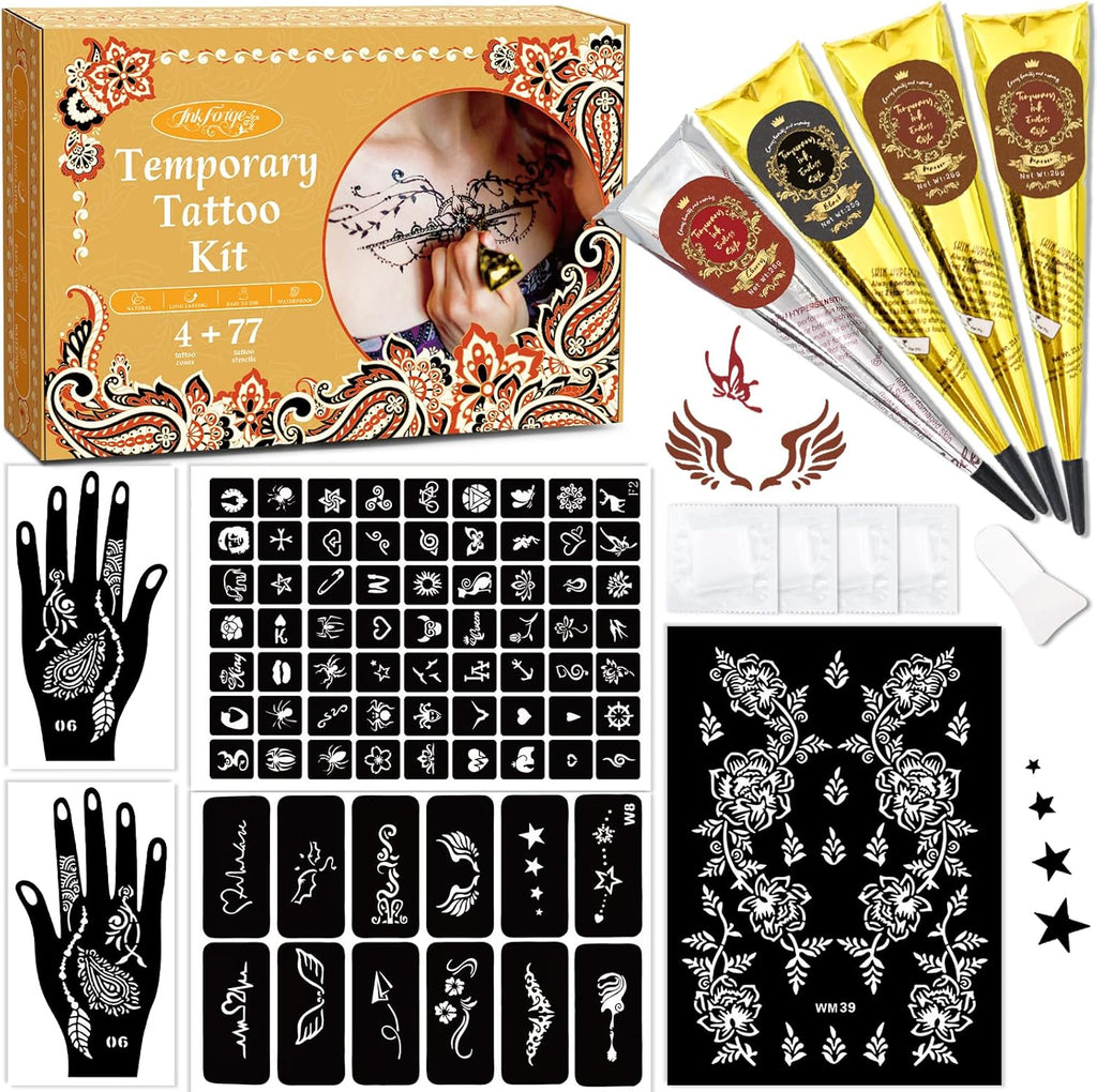 InkForge temporary stencil tattoo kit front view with 4 color cones