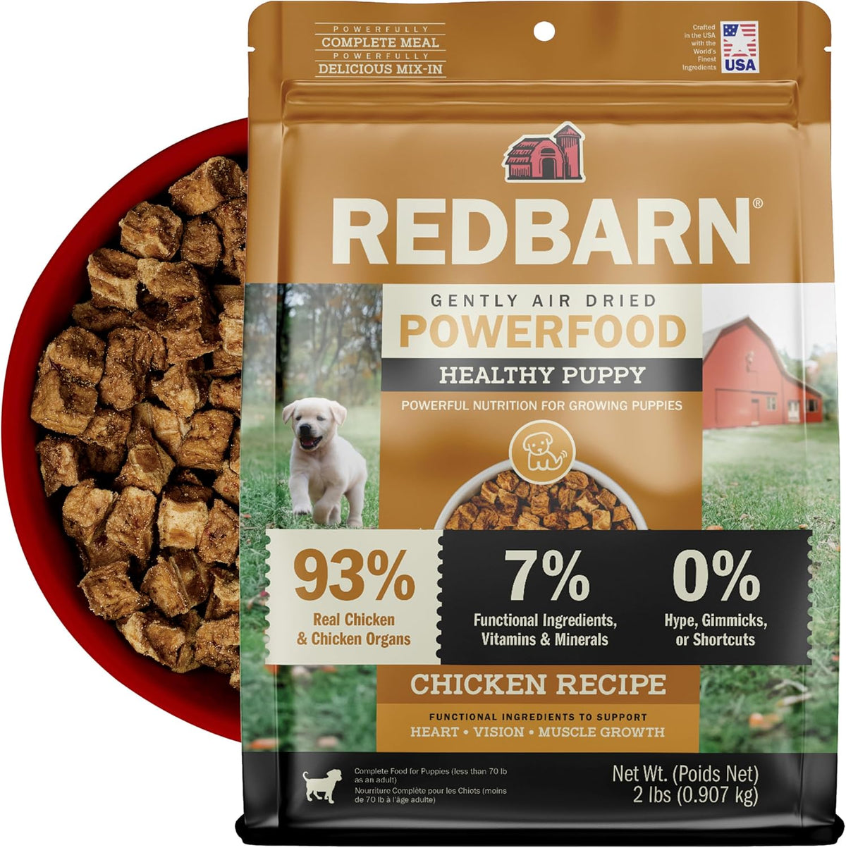 Redbarn Powerfood Air Dried Puppy Food front package view displaying chicken recipe details.