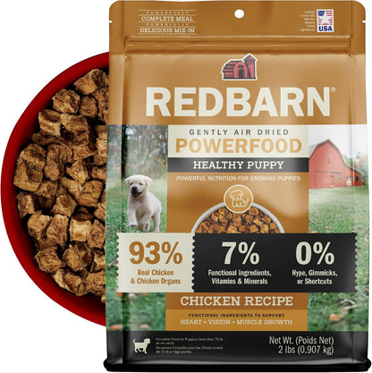 Redbarn Powerfood Air Dried Puppy Food front package view displaying chicken recipe details.