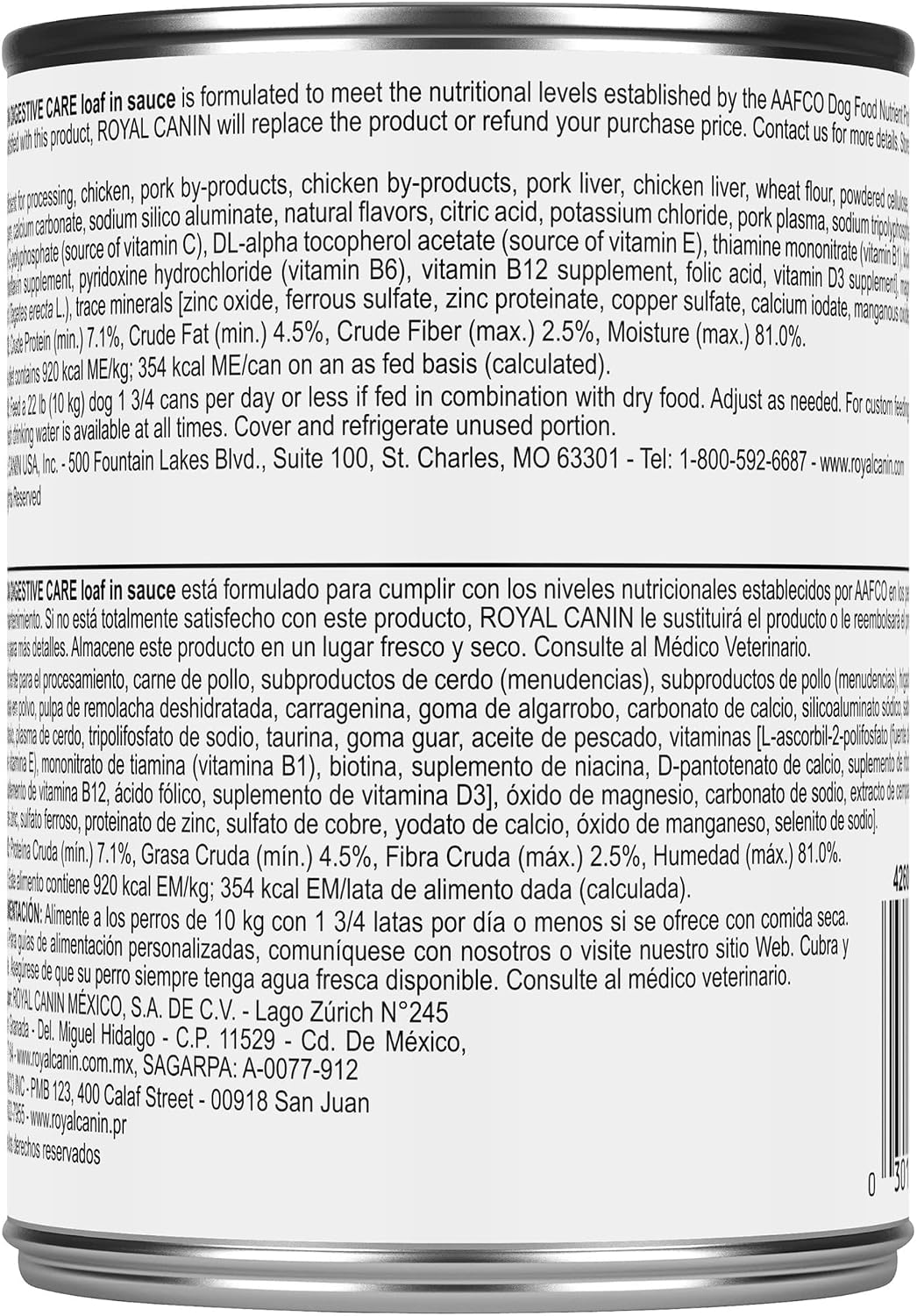 Royal Canin sensitive stomach wet dog food nutritional information panel