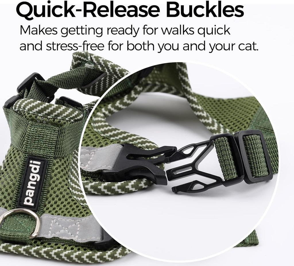 Reflective strip visibility feature on dark green pet harness