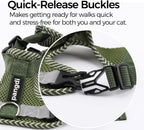 Reflective strip visibility feature on dark green pet harness