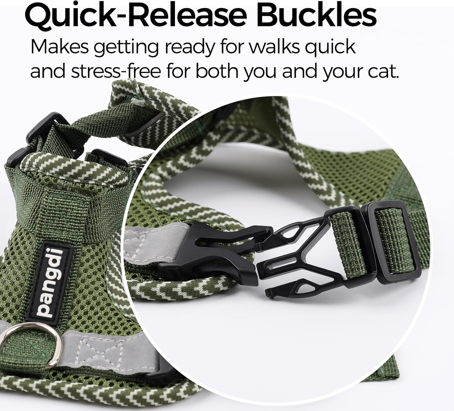 Reflective strip visibility feature on dark green pet harness