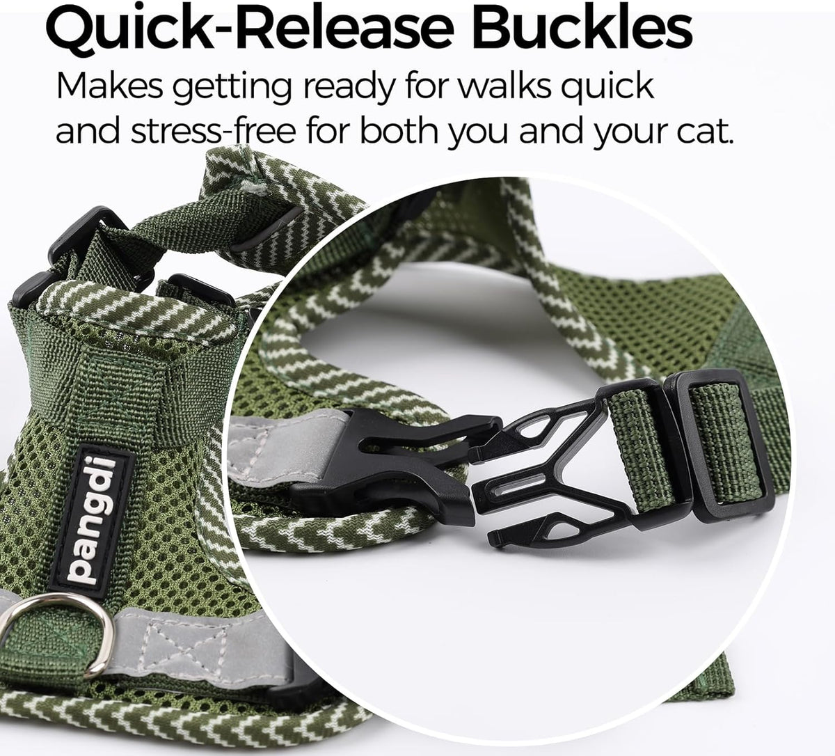 Reflective strip visibility feature on dark green pet harness