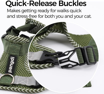 Reflective strip visibility feature on dark green pet harness