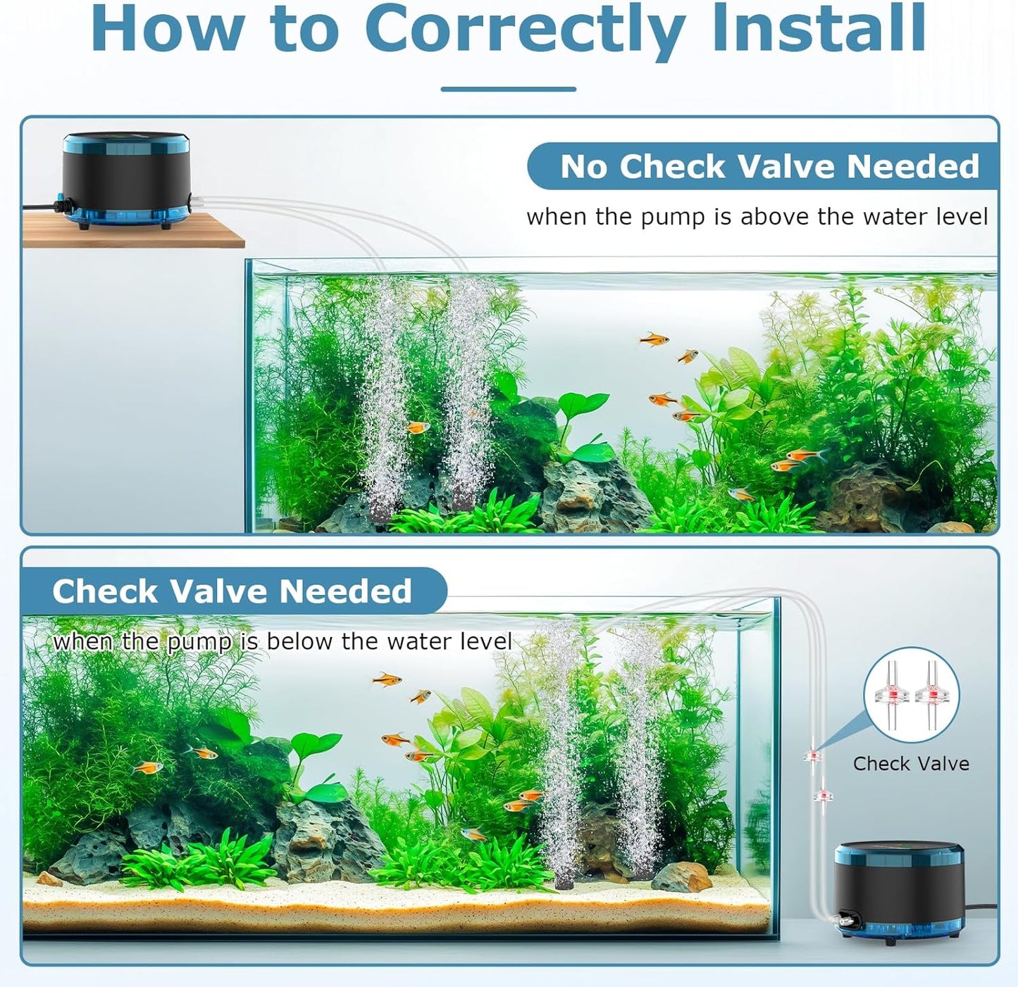 Hygger air pump installed in a large fish tank