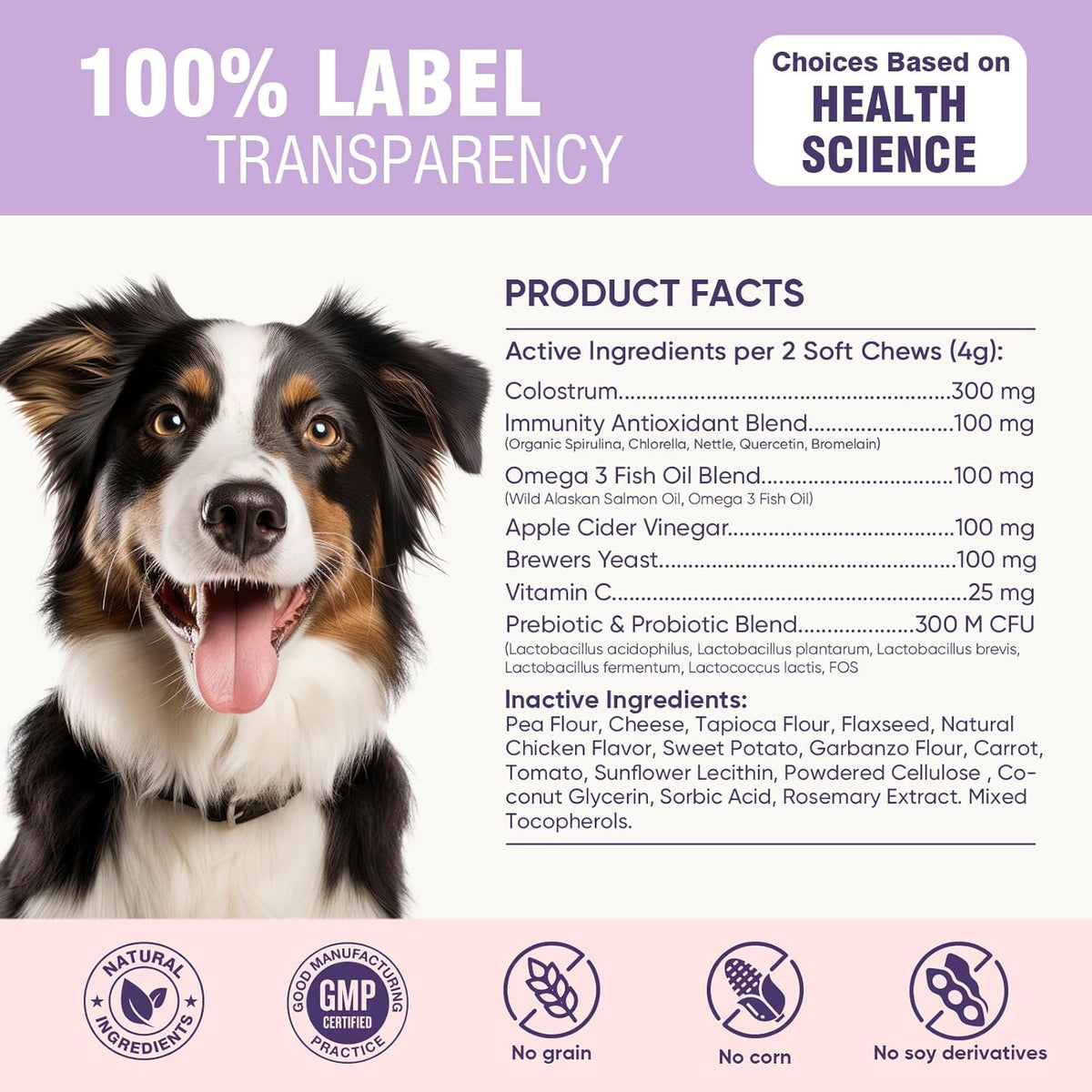 Natural omega three and probiotic chewable treats for dog immune health.