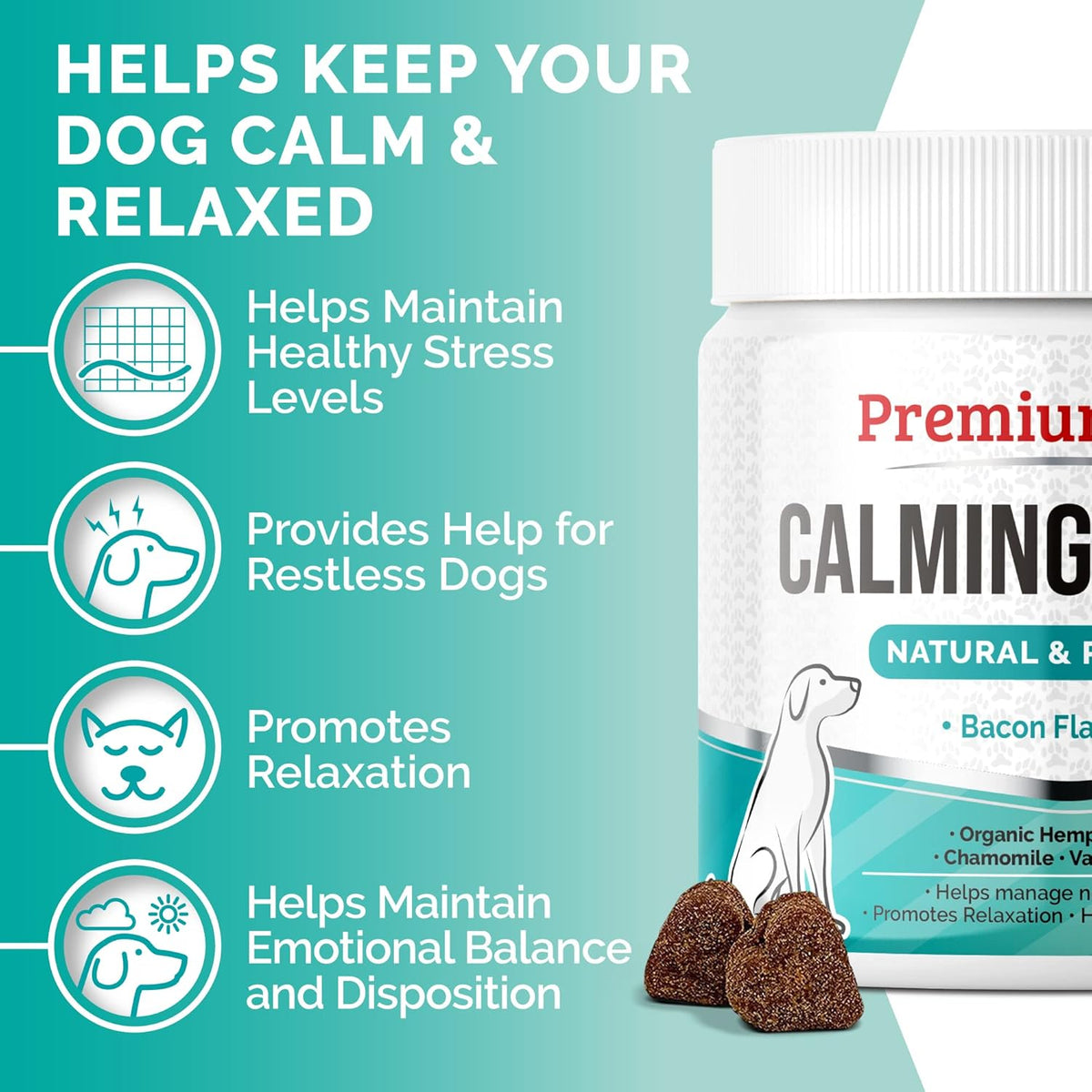 Premium Care hemp calming soft bites for pet stress relief