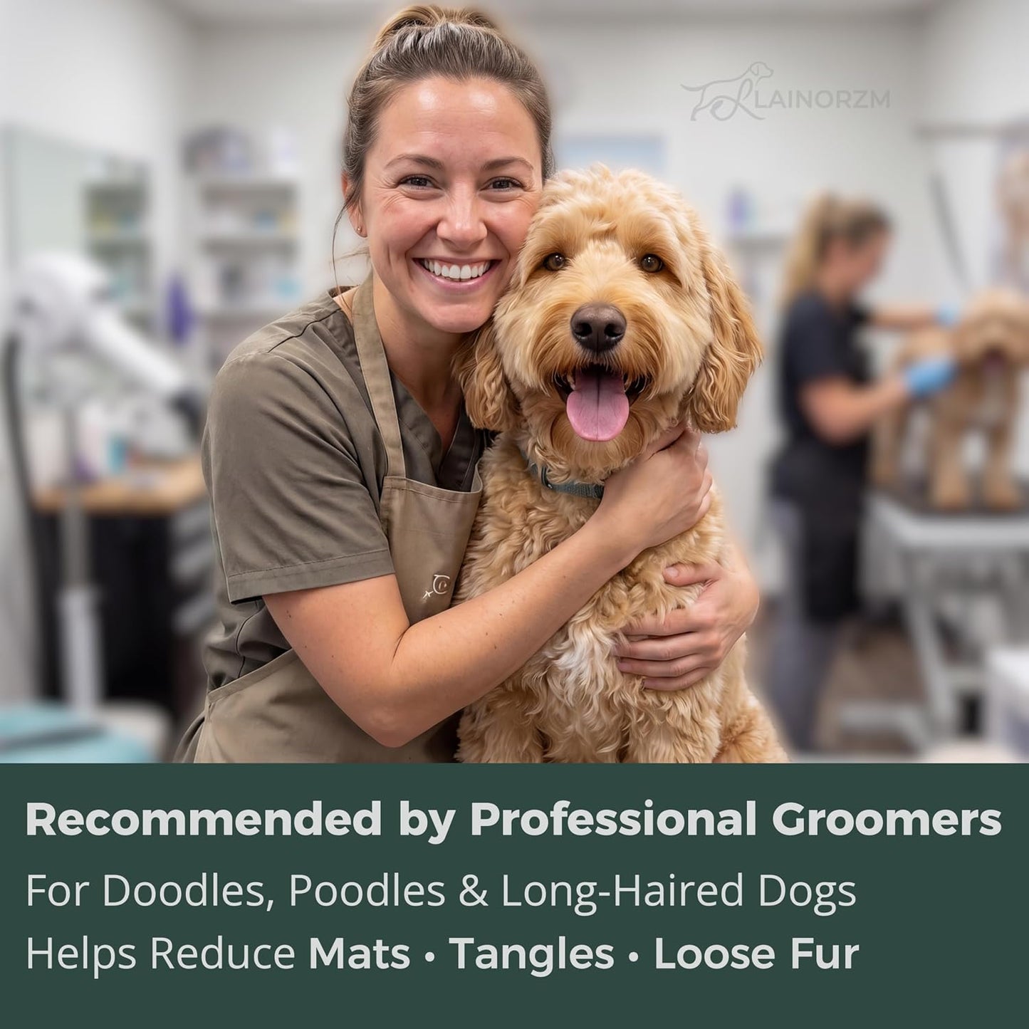Flying Pawfect pet grooming brush removing mats and knots from curly dog fur.