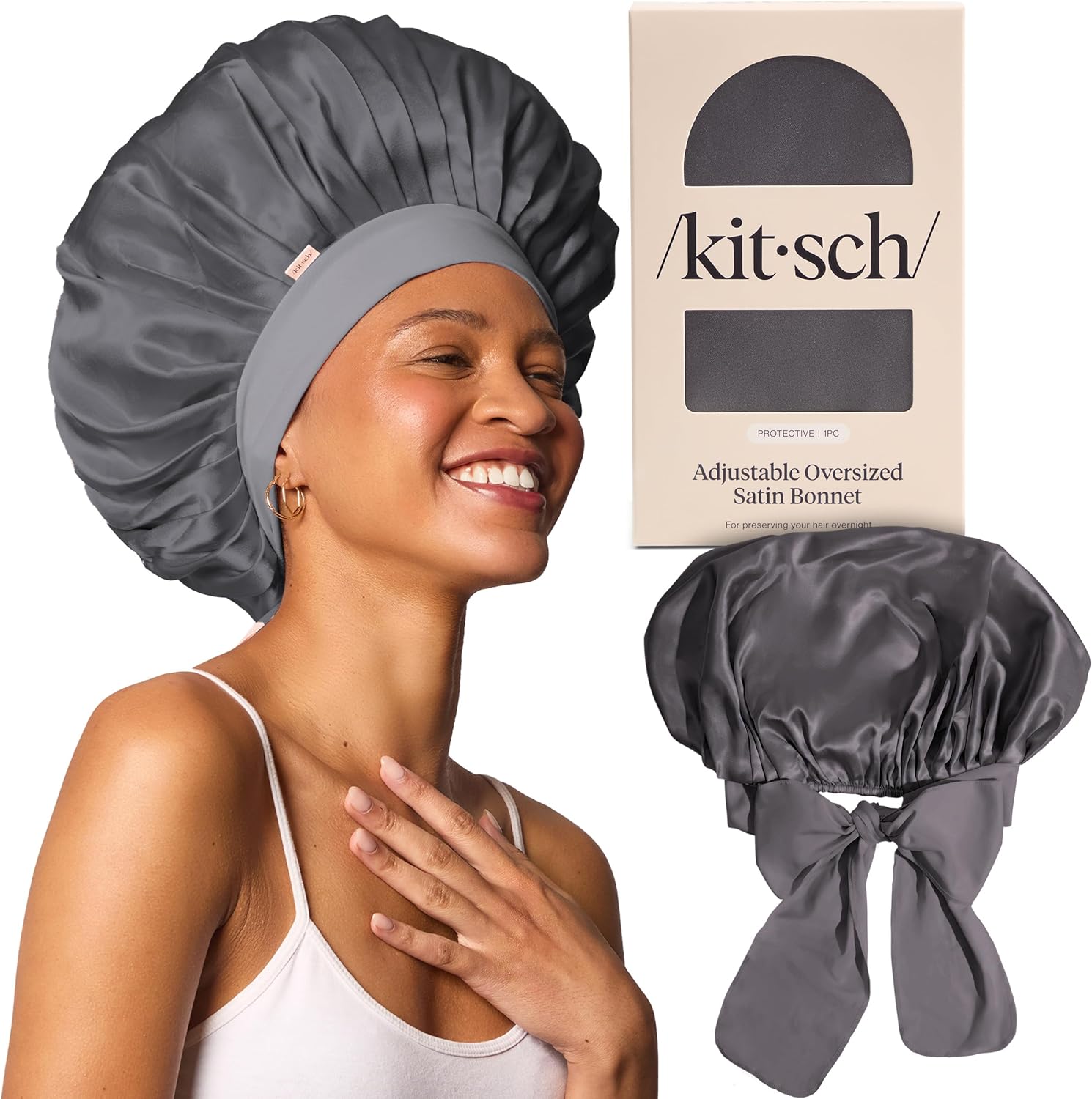 Kitsch XL Satin Bonnet for Sleeping in charcoal front view on model