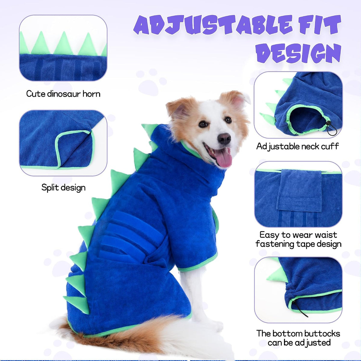 Dinosaur design dog towel robe featuring soft green spine spikes