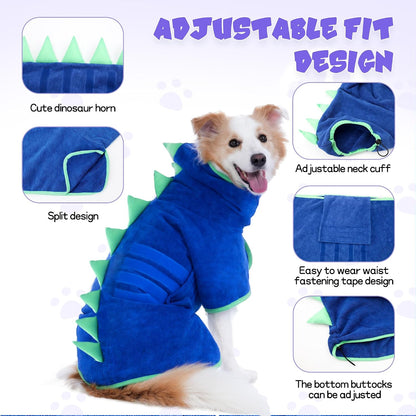 Dinosaur design dog towel robe featuring soft green spine spikes