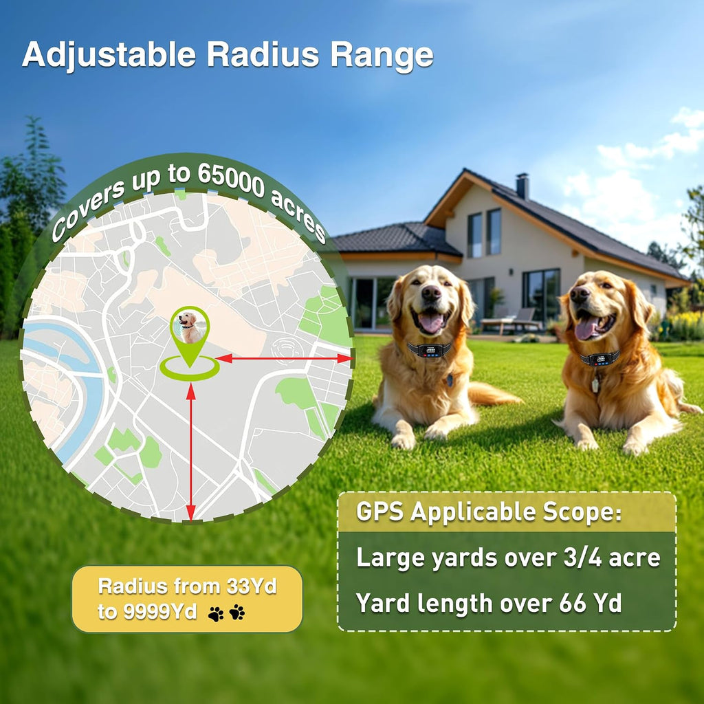 Waterproof tracking receiver collar displaying distance settings and battery life status.