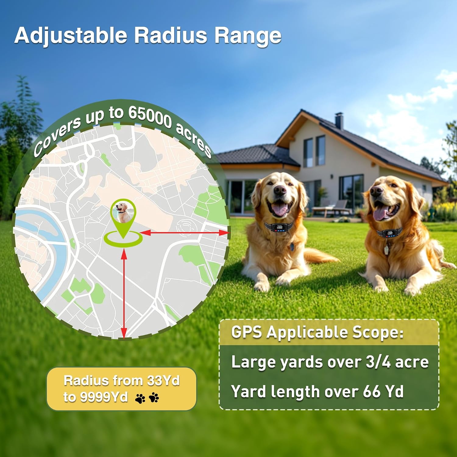 Waterproof tracking receiver collar displaying distance settings and battery life status.