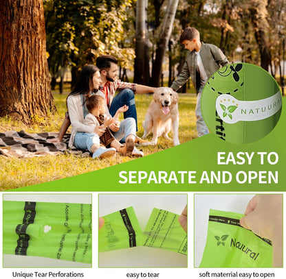 Plant based certified compostable dog waste disposal bags packaging.