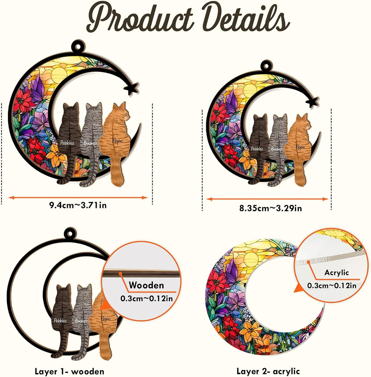 Thunala custom feline remembrance ornament measuring six millimeter thickness close up view