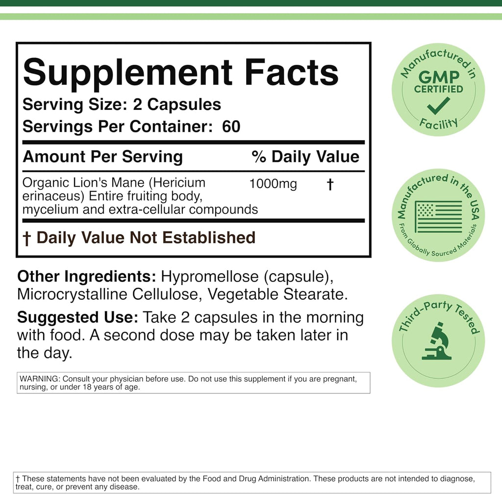 Organic Lion's Mane Mushroom,1,000mg, Grown in USA, 120 Capsules - Image 2