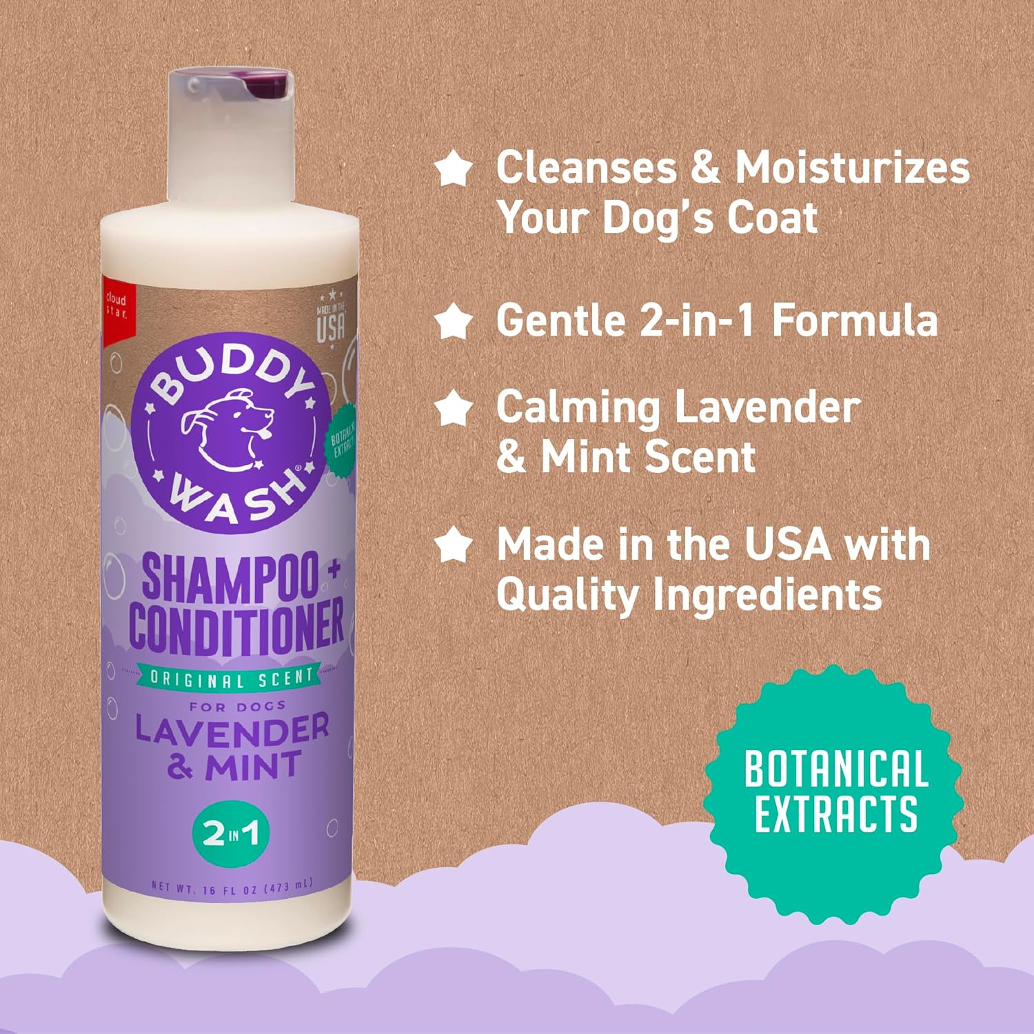 Natural botanical dog shampoo bottle held in hand