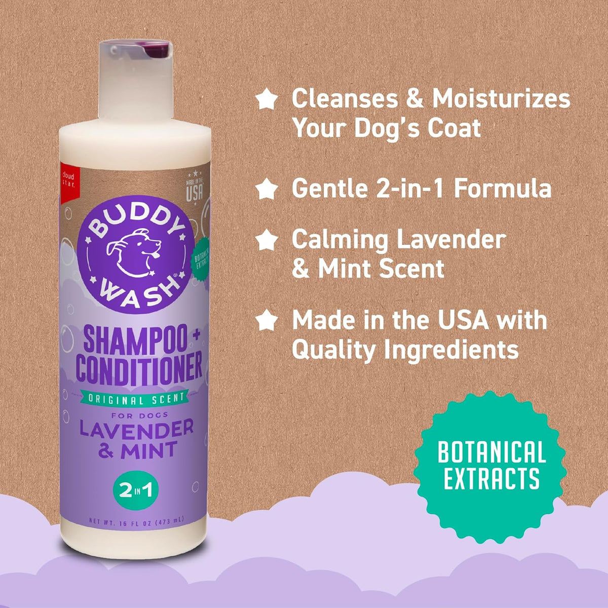 Natural botanical dog shampoo bottle held in hand