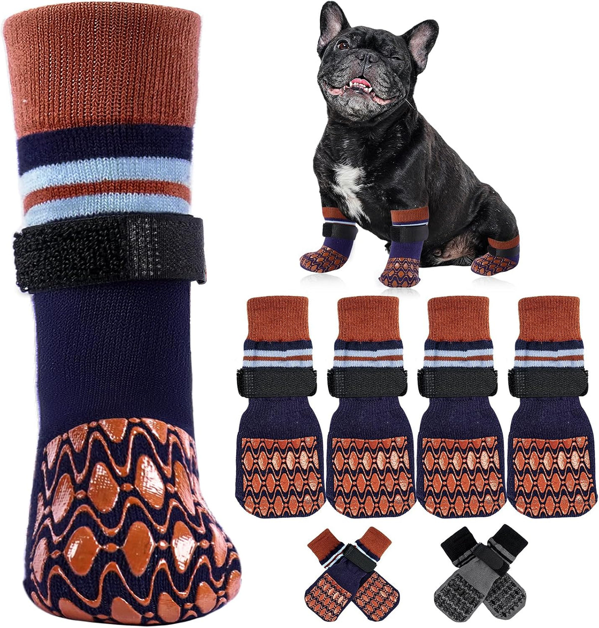 Kuoser non slip dog socks with blue and brown stripes front view