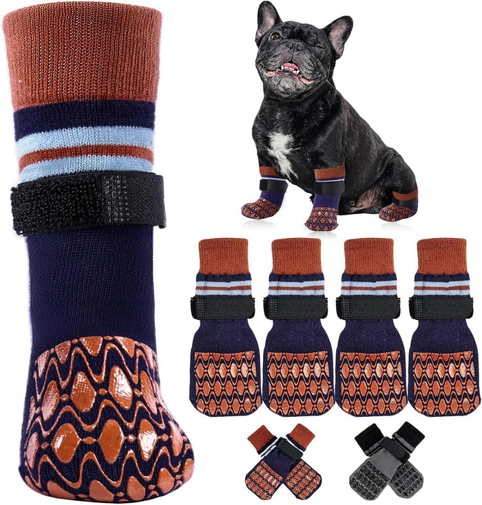 Kuoser non slip dog socks with blue and brown stripes front view