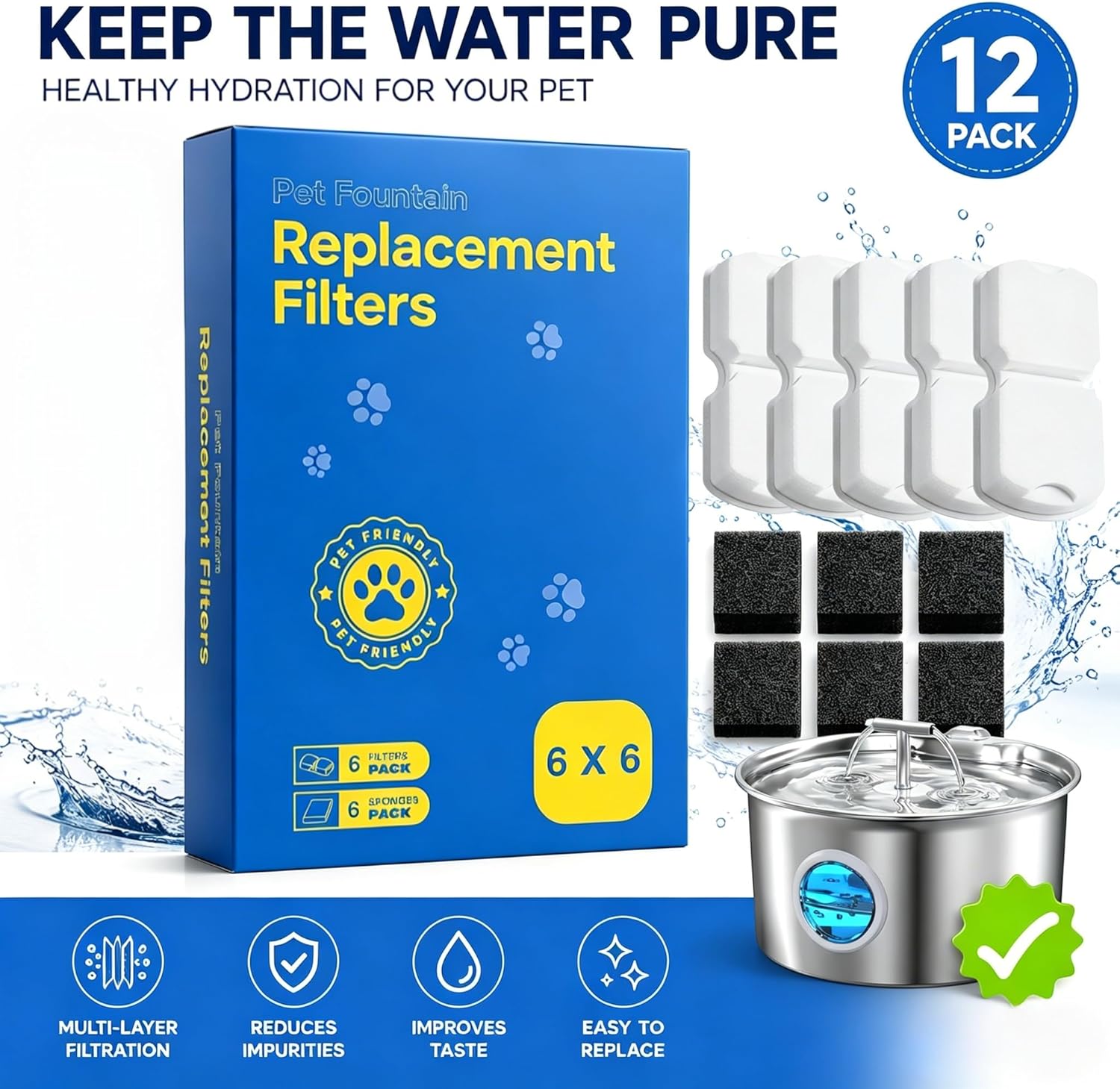 Close up of 6 activated carbon filters for pet fountains