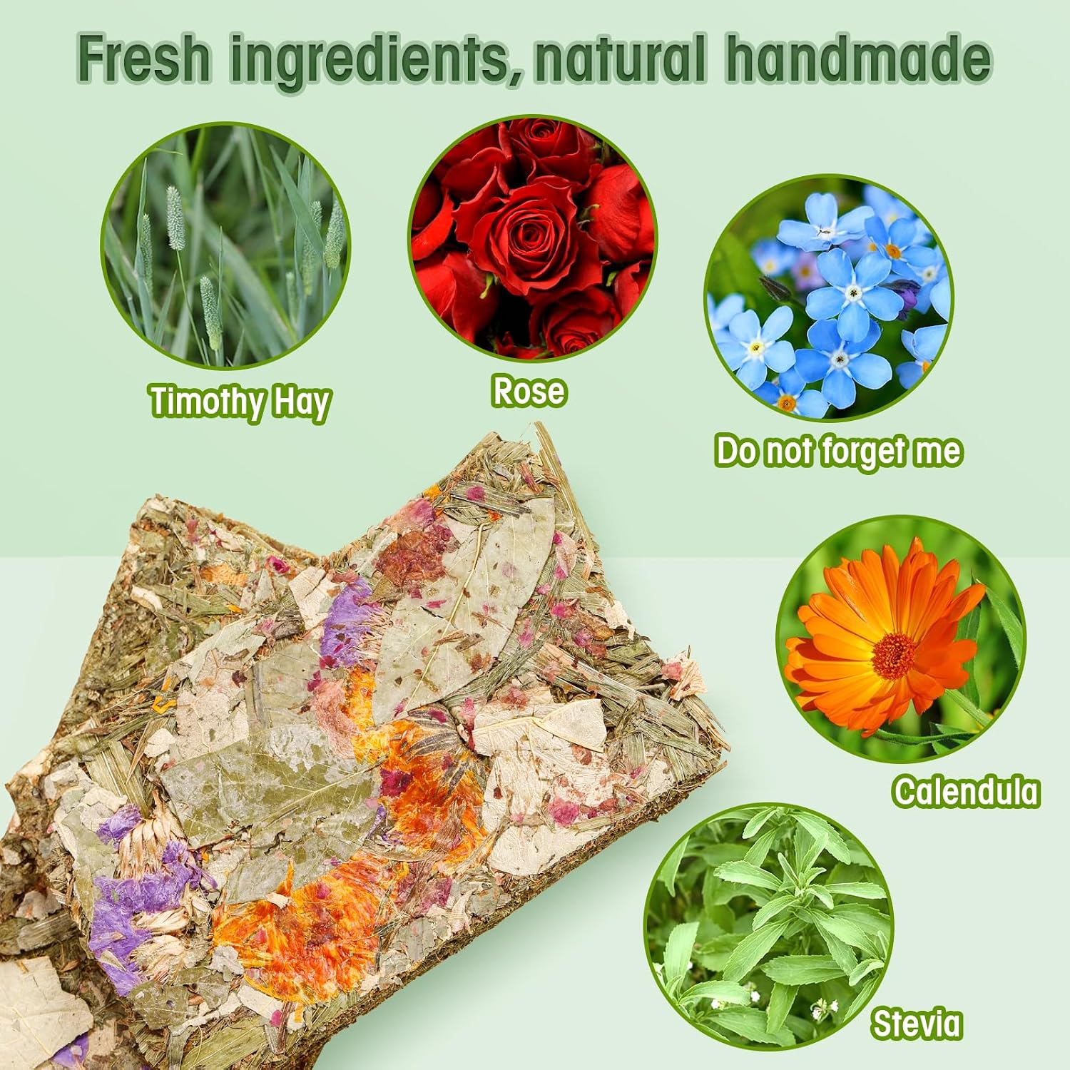 Individually vacuum-sealed Abizoo bunny chew toys with real herbal flowers including calendula and rose.