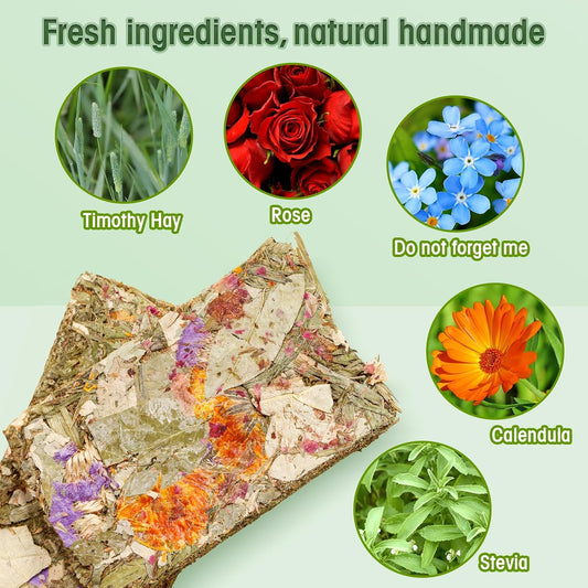 Individually vacuum-sealed Abizoo bunny chew toys with real herbal flowers including calendula and rose.
