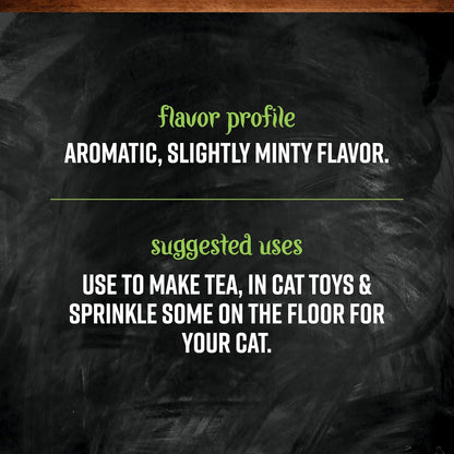 Frontier Co-op Organic Catnip dry herbal blend next to a freshly brewed cup of tea
