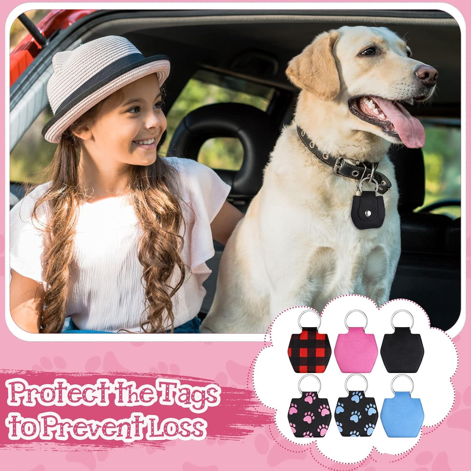 Reginary quiet dog tag protector bag showing the included metal split rings for easy collar attachment.