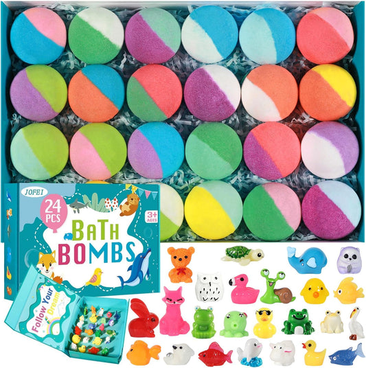 JOFEI Kids Bath Bombs Gift Set front view showcasing the premium twenty-four pack storage packaging box.