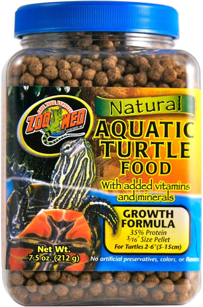 Zoo Med Aquatic Turtle Food Growth Formula front packaging view showing floating pellets for pet reptiles.