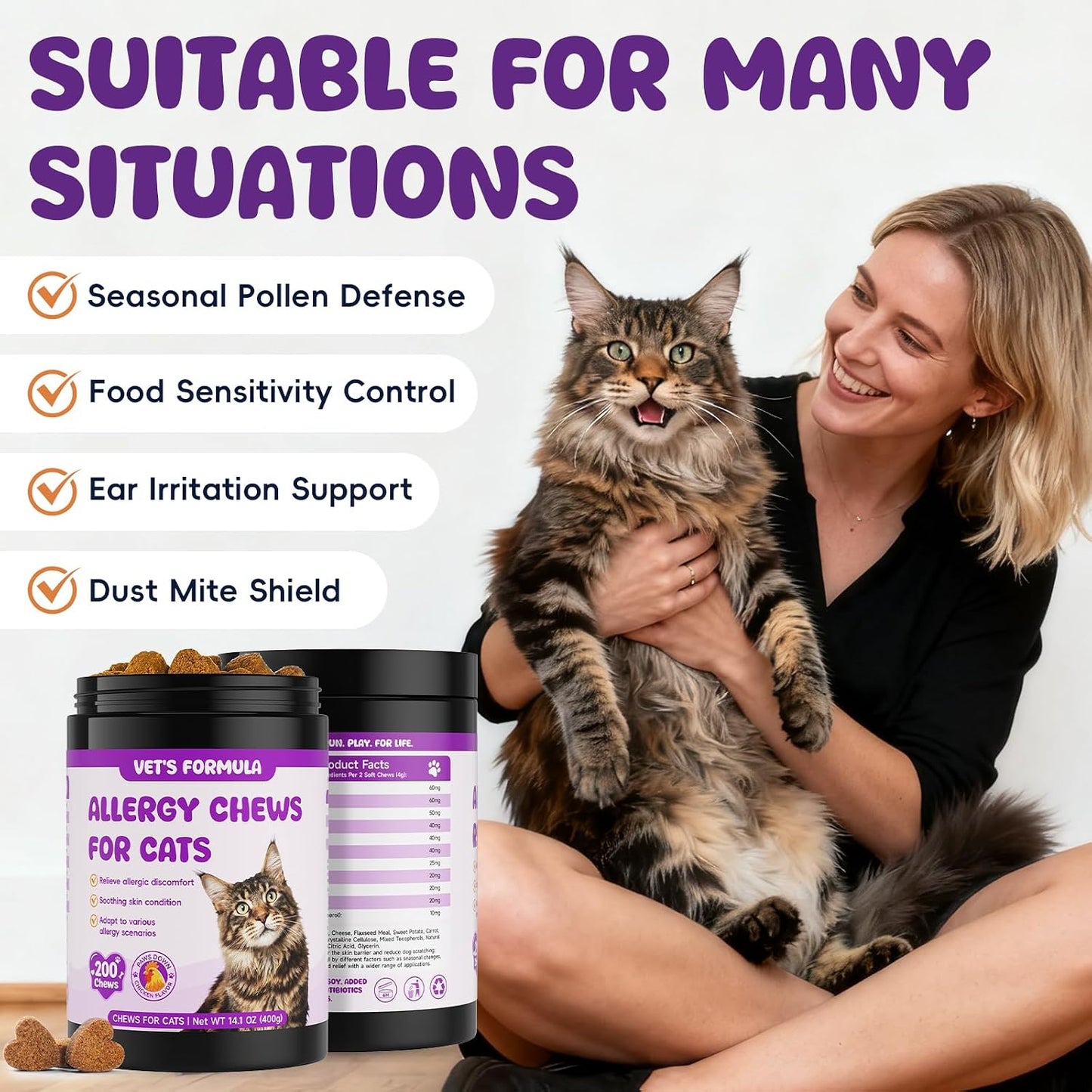 Premium anti itch cat supplement for seasonal shedding control and dander relief.