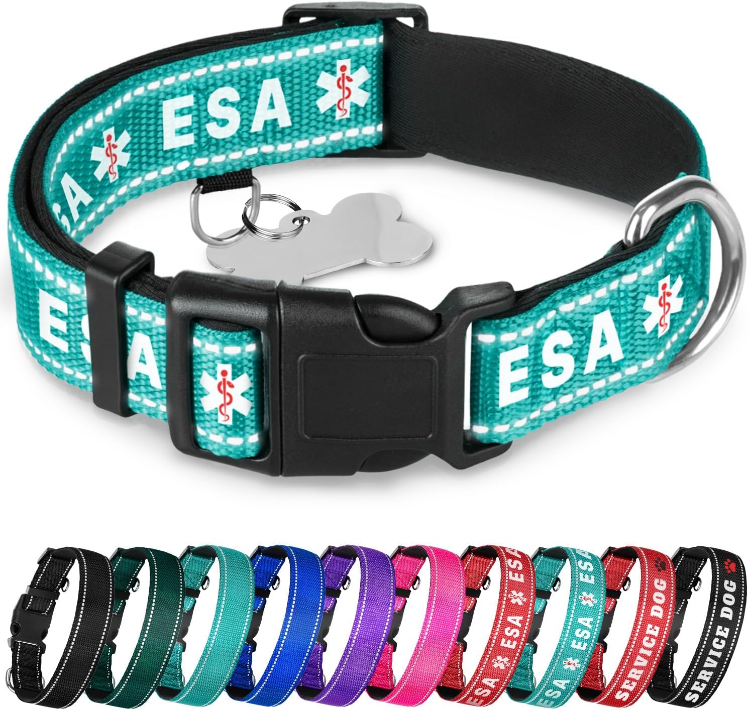 TECEUM Reflective Dog Collar - Aquamarine - M - Extra Soft Padding - Basic Nylon Pet Collar - Quick Release Buckle - Fits Small, Medium and Large Dogs, Puppies, Cats - ESA & Service Dog Options - Image 11