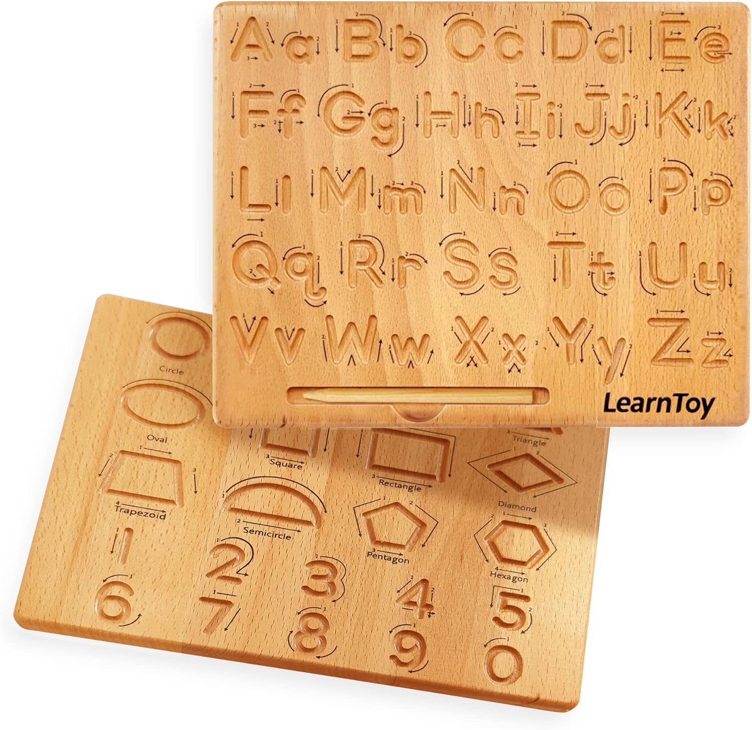 LearnToy Montessori wooden alphabet tracing board front view showing engraved capital letters for pre-writing practice.