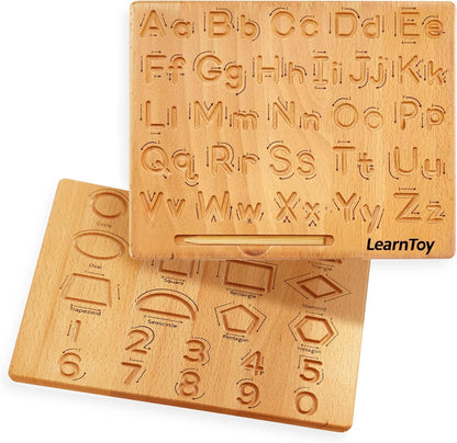 LearnToy Montessori wooden alphabet tracing board front view showing engraved capital letters for pre-writing practice.