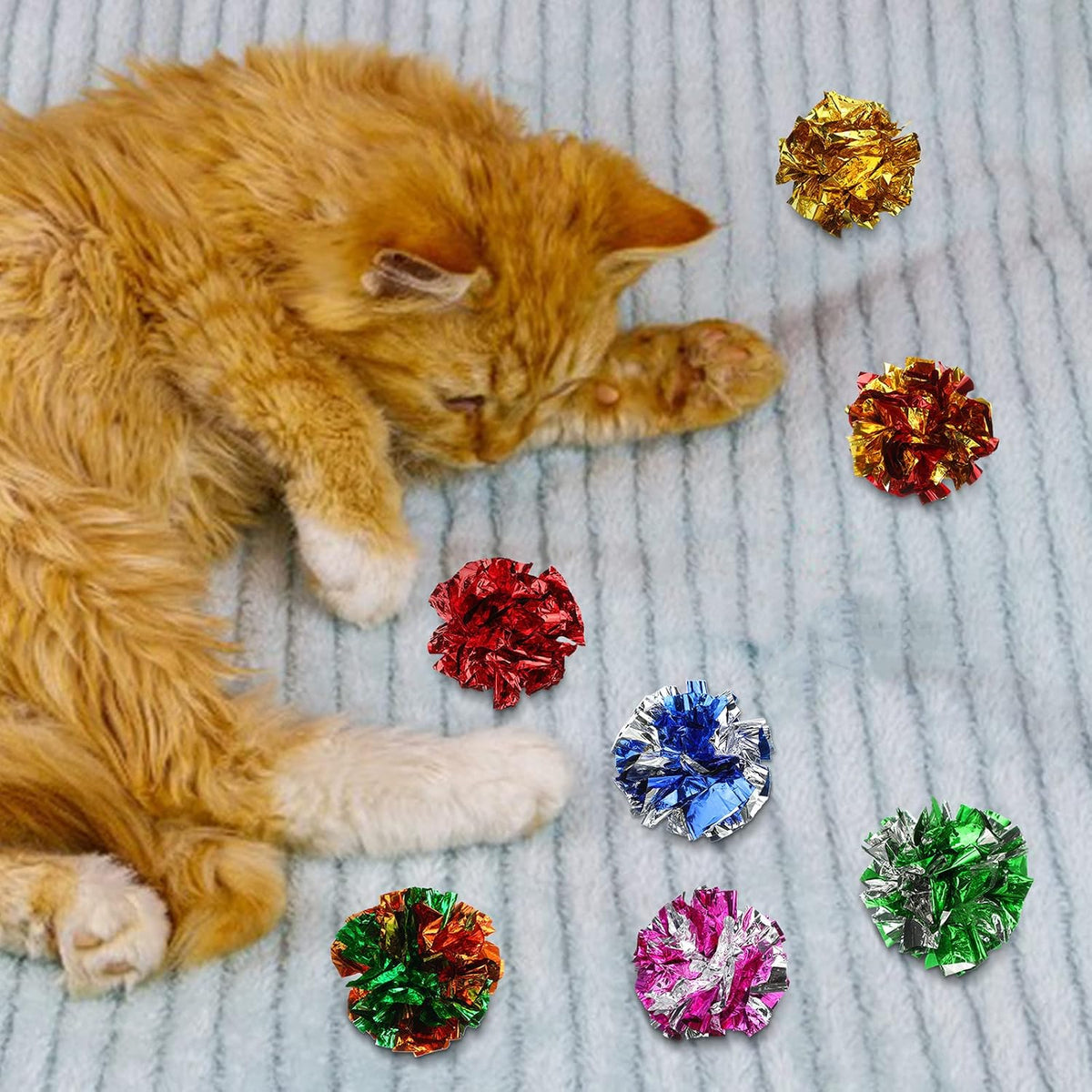 Full packaging assortment of the thirty count imported Silkfly pet crinkle toys.