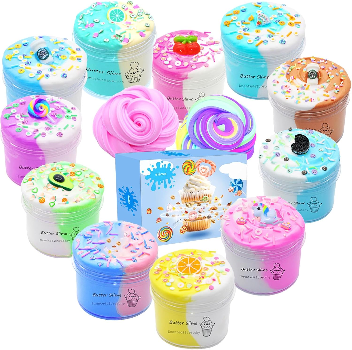 Fvnwrtuxi two toned butter slime kit eleven count front view showing vibrant dual colored containers